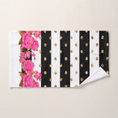 ブラックエレガント金ゴールドストライプグリッタードットピンクローズ バスタオルセット (ハンドタオル)