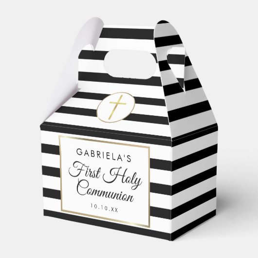 ブラックエレガント金ゴールドストライプファースト聖餐式 フェイバーボックス (正面サイド)