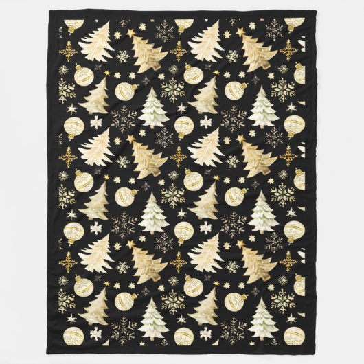 ブラックエレガント金ゴールドスノーフレークスクリスマスツリーボール フリースブランケット (正面)