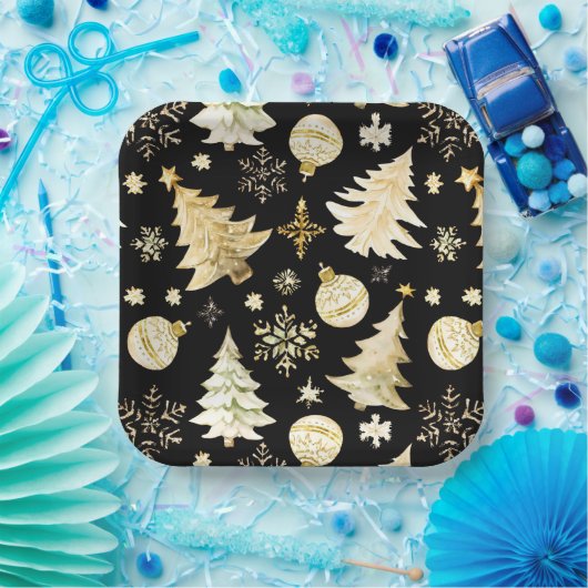 ブラックエレガント金ゴールドスノーフレークスクリスマスツリーボール ペーパープレート (パーティー)