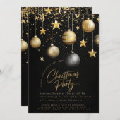 ブラックエレガント金ゴールドスパークルスタークリスマスパーティー 招待状 (正面/裏面)