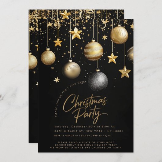 ブラックエレガント金ゴールドスパークルスタークリスマスパーティー 招待状 (正面/裏面)