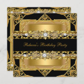 ブラックエレガント金ゴールドダイヤモンドジュエルバースデーパーティー 招待状 (正面/裏面)