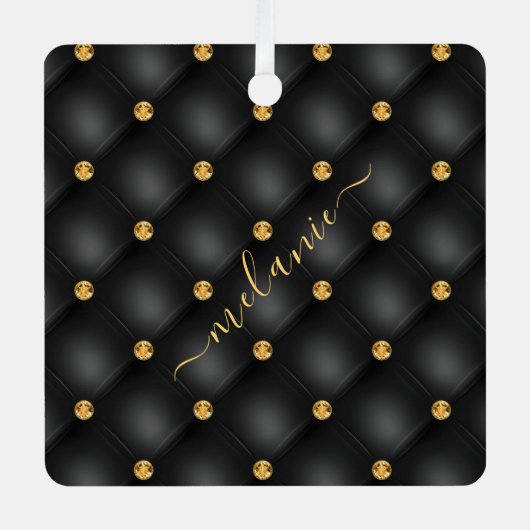 ブラックエレガント金ゴールドダイヤモンドタフテカスタムィッドあなたの名前 メタルオーナメント (正面)