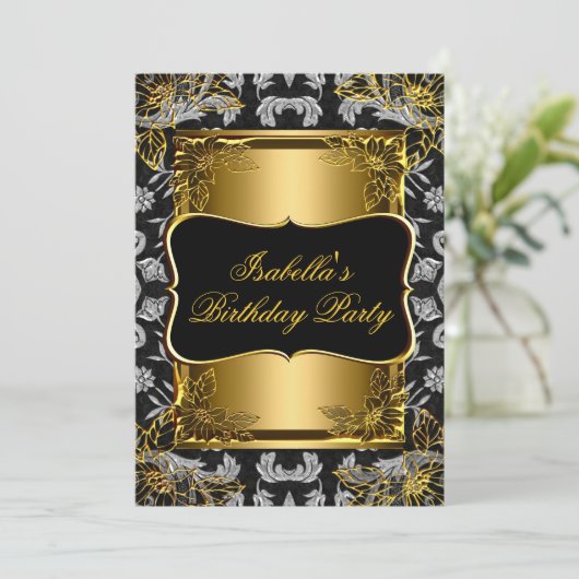 ブラックエレガント金ゴールドダマスクBrocade誕生日パーティー2 招待状 (スタンド正面)