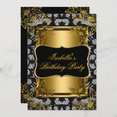 ブラックエレガント金ゴールドダマスクBrocade誕生日パーティー2 招待状 (正面/裏面)