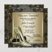 ブラックエレガント金ゴールドハイヒールウーマンバースデーパーティー 招待状 (正面/裏面)