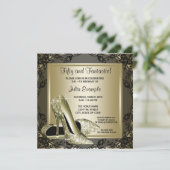 ブラックエレガント金ゴールドハイヒールウーマンバースデーパーティー 招待状 (スタンド正面)