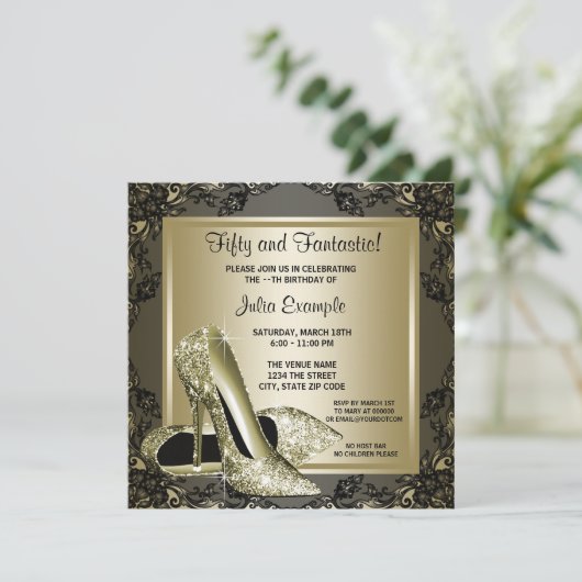 ブラックエレガント金ゴールドハイヒールウーマンバースデーパーティー 招待状 (スタンド正面)