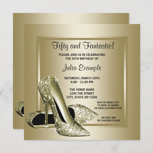 ブラックエレガント金ゴールドハイヒールバースデーパーティー 招待状 (正面/裏面)