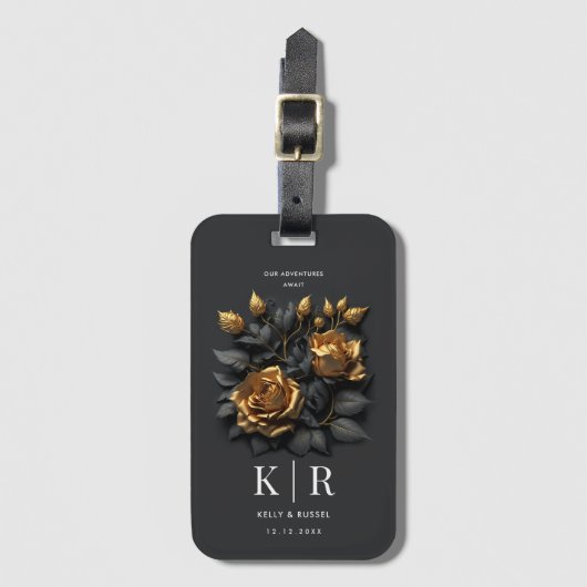 ブラックエレガント金ゴールドバラカップルトラベラーバケーション ラゲッジタグ (正面縦)