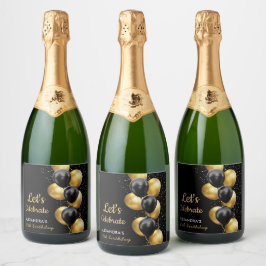 ブラックエレガント金ゴールドバルーンシック誕生日 スパークリングワインラベル