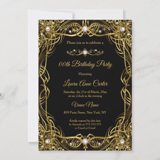 ブラックエレガント金ゴールドパールダマスク誕生日 招待状 (正面)