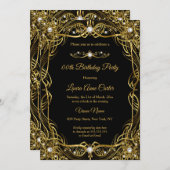 ブラックエレガント金ゴールドパールダマスク誕生日 招待状 (正面/裏面)