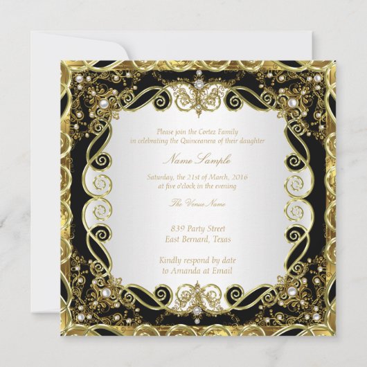 ブラックエレガント金ゴールドパールプリンセスキンセアニェラ 招待状 (裏面)