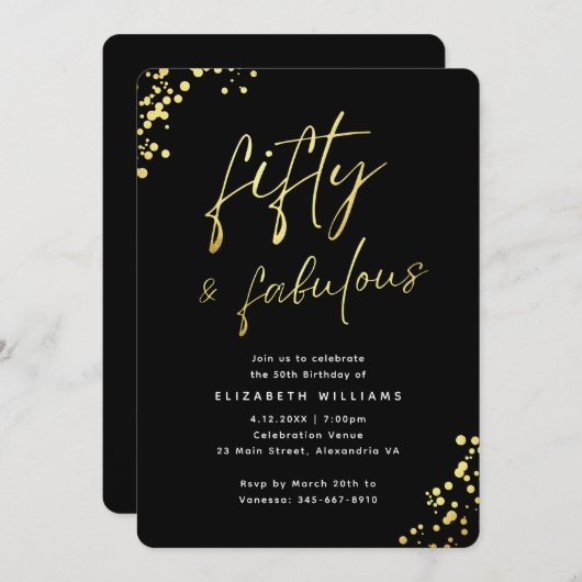 ブラックエレガント金ゴールドフィフティファブラス誕生日 招待状 (正面/裏面)