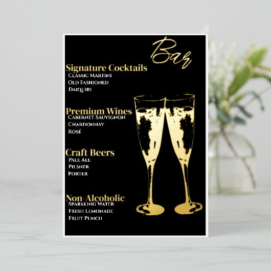 ブラックエレガント金ゴールドフォイルのカクテルパーティーバーメニュー 箔シーズンカード (立ち正面)