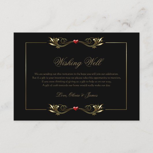ブラックエレガント金ゴールドフレーム赤いハートウィングウェル エンクロージャーカード (正面)