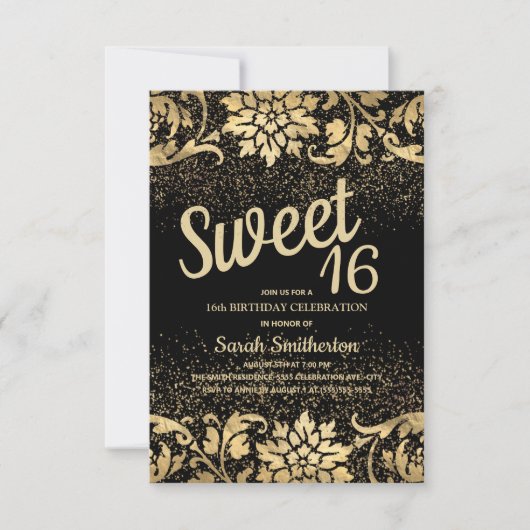 ブラックエレガント金ゴールドフローラグリッタースウィート16 招待状 (正面)