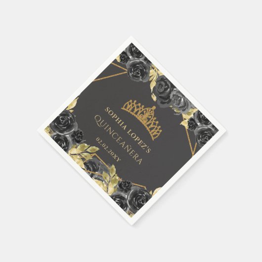 ブラックエレガント金ゴールドフローラティアラキンセアニェラ スタンダードカクテルナプキン (角)