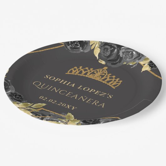 ブラックエレガント金ゴールドフローラティアラキンセアニェラ ペーパープレート (アングル)