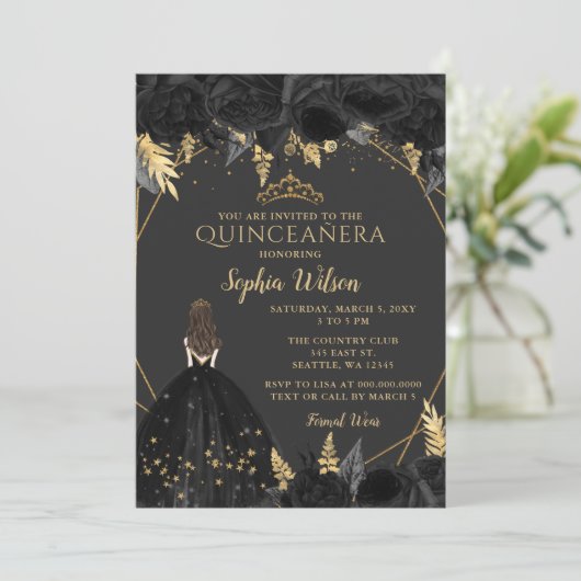ブラックエレガント金ゴールドフローラプリンセスキンセアニェライン 招待状 (スタンド正面)