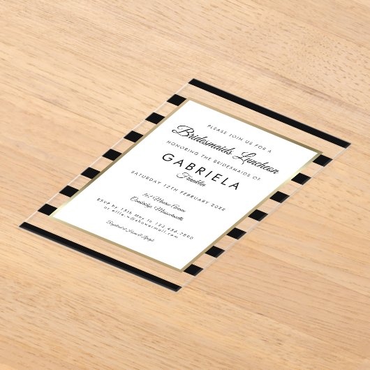 ブラックエレガント金ゴールドブストライプライデスメイドランチョン アクリル招待状 (レイダウン)