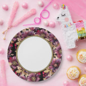 ブラックエレガント金ゴールドブルゴーニュ花縁ど柄 ペーパープレート (パーティー)