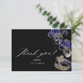 ブラックエレガント金ゴールドブルーマスカレードパーティー誕生日 サンキューカード (スタンド正面)