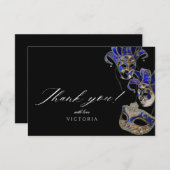 ブラックエレガント金ゴールドブルーマスカレードパーティー誕生日 サンキューカード (正面/裏面)