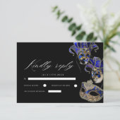 ブラックエレガント金ゴールドブルーマスカレードパーティー誕生日 出欠カード (スタンド正面)