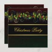 ブラックエレガント金ゴールドホリークリスマスパーティー 招待状 (正面/裏面)