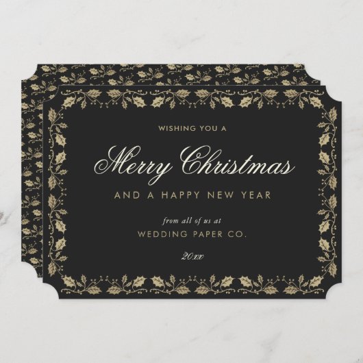 ブラックエレガント金ゴールドホリービジネスクリスマスカード シーズンカード (正面/裏面)