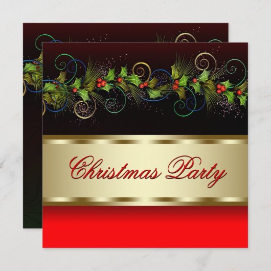 ブラックエレガント金ゴールドホリー企業のクリスマスパーティー 招待状 (正面/裏面)