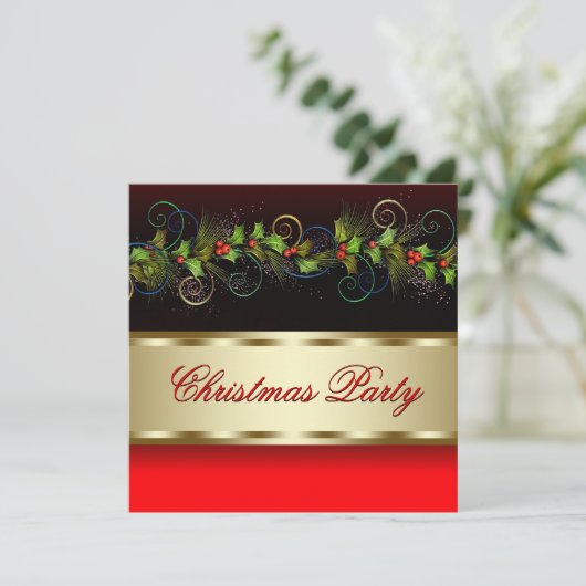 ブラックエレガント金ゴールドホリー企業のクリスマスパーティー 招待状 (スタンド正面)