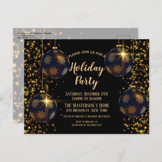 ブラックエレガント金ゴールドボーブルズクリスマス招待状 ポストカード (正面/裏面)