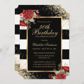 ブラックエレガント金ゴールドレッドローズフローラ30th誕生日 招待状 (正面/裏面)