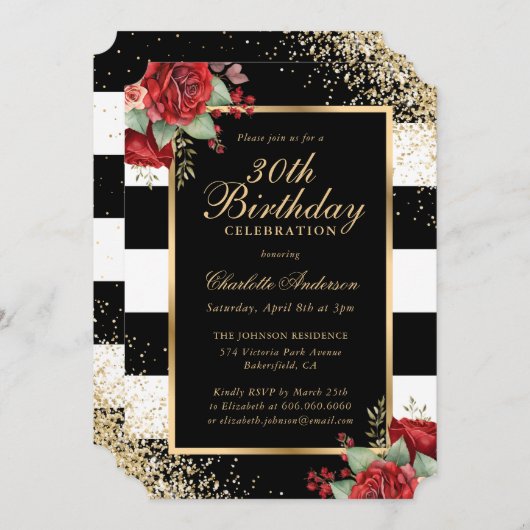 ブラックエレガント金ゴールドレッドローズフローラ30th誕生日 招待状 (正面/裏面)