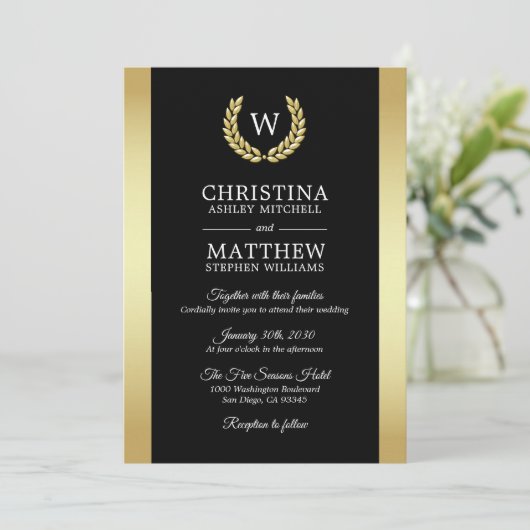 ブラックエレガント金ゴールドローレルリースモノグラム結婚ズ 招待状 (スタンド正面)