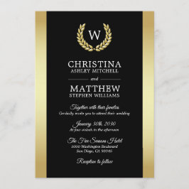 ブラックエレガント金ゴールドローレルリースモノグラム結婚ズ 招待状