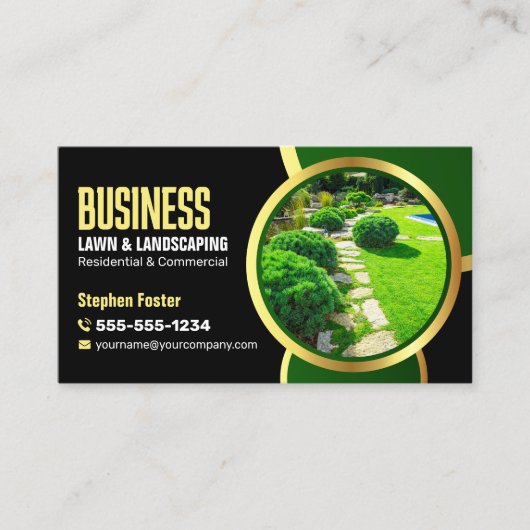 ブラックエレガント金ゴールドローンケア造園サービス 名刺 (正面)