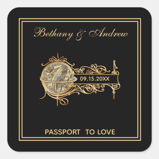 ブラックエレガント金ゴールドヴィンテージ結婚トラベル スクエアシール (正面)