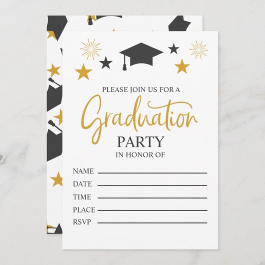 ブラックエレガント金ゴールド卒業パーティー招待状 案内状 (正面/裏面)