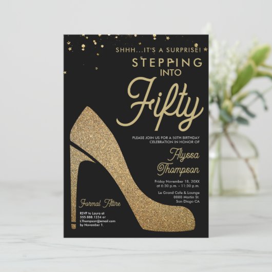 ブラックエレガント金ゴールド紙吹雪サプライズ50誕生日 招待状 (スタンド正面)