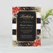 ブラックエレガント金ゴールド紙吹雪レッドローゼス誕生日 招待状 (スタンド正面)