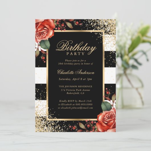 ブラックエレガント金ゴールド紙吹雪レッドローゼス誕生日 招待状 (スタンド正面)