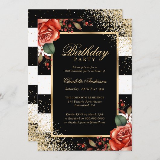 ブラックエレガント金ゴールド紙吹雪レッドローゼス誕生日 招待状 (正面/裏面)