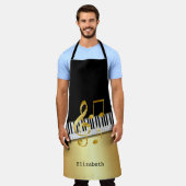 ブラックエレガント金ゴールド音楽ノート、ピアノ鍵 エプロン (着用した状態)