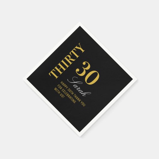 ブラックエレガント金ゴールド30誕生日カクテルパーティー スタンダードカクテルナプキン (角)