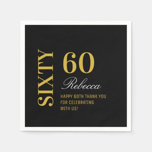 ブラックエレガント金ゴールド60バースデーパーティーカクテル スタンダードカクテルナプキン (正面)